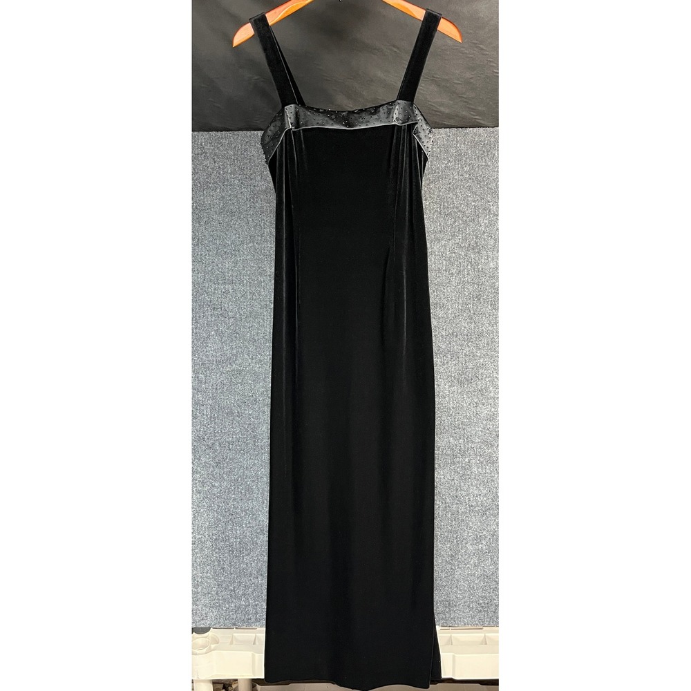 VTG Adrianna Papell‎ Occasions Black Velvet Maxi Dress Beaded Straps Formal Gown